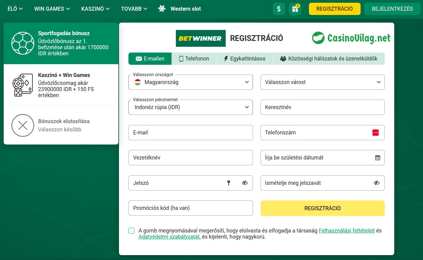 BetWinner-regisztráció